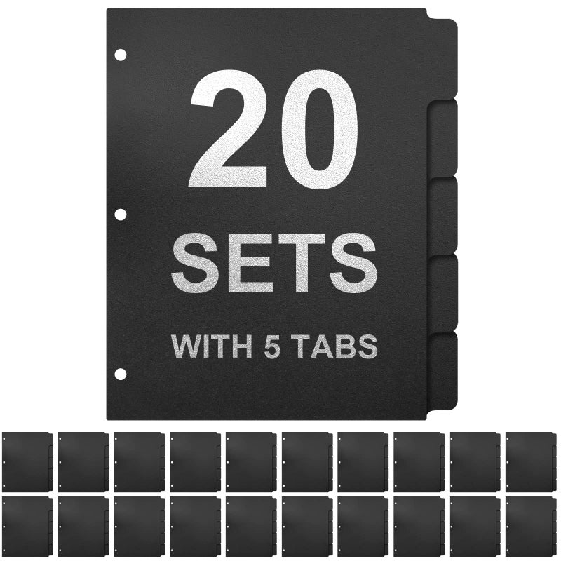 Homakover 3 Ring Binder Dividers with 5-Tabs for Letter Size, 1/5 Cut, 3-Hole Punched, Write & Erase Plastic Binder Dividers Extra Durable Section Index Dividers for Binders, Pack of 20 Sets, 100 Dividers Total - Image 1